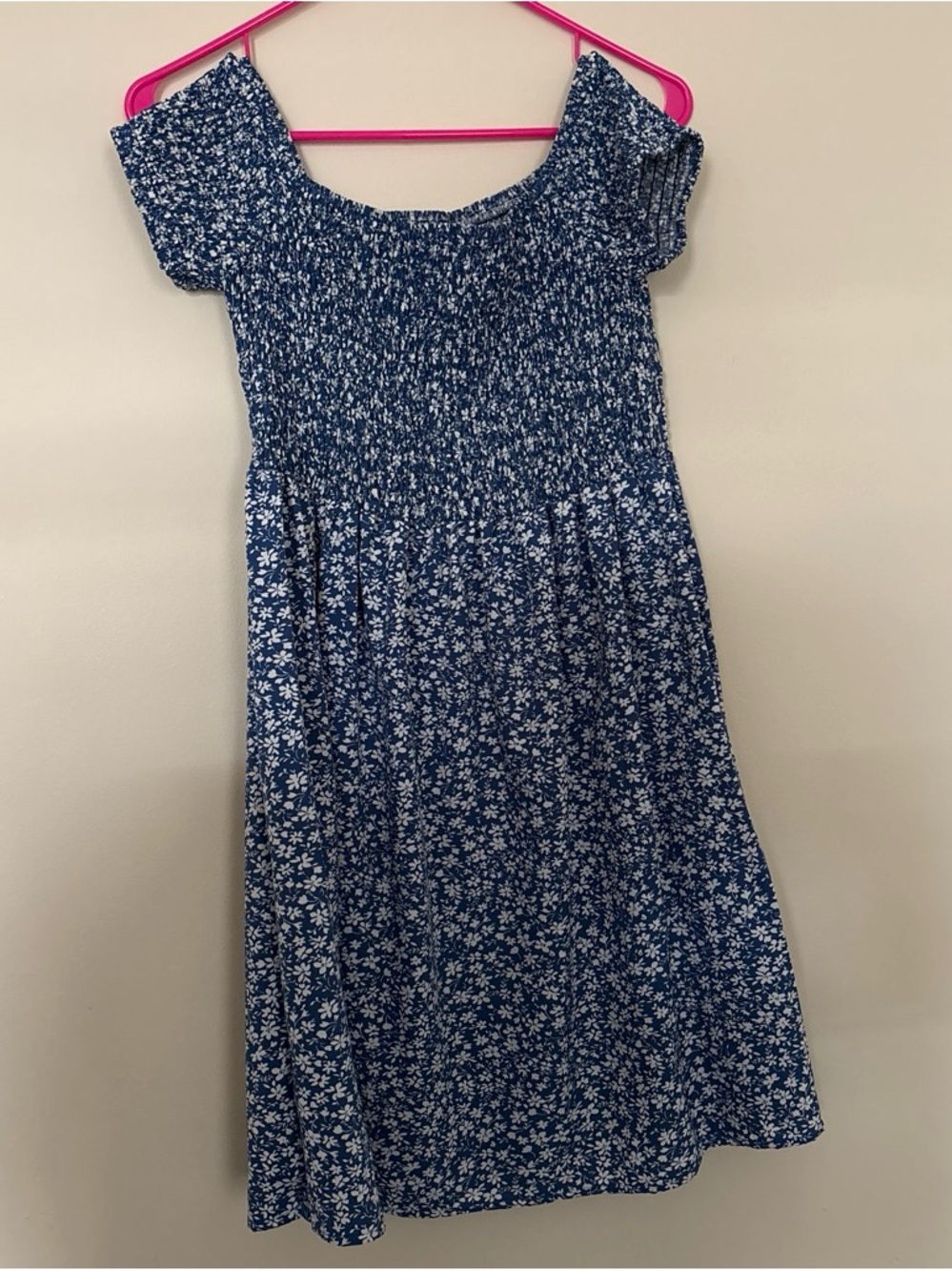 Girls Blue Floral Smocked Off-Shoulder Dress